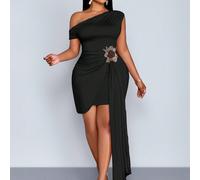 Robe mini asymétrique à col bénitier en couleur unie pour femmes grandes tailles de SOLERSUN, robe avec divers designs torsadés, robe avec décoration florale, convient pour le port quotidien, les fête