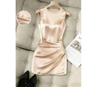 Robe mini asymétrique plissée à col rond en satin, sans manches, avec perles. Tenue de ville décontractée, tenue de bureau professionnelle, polyvalente et à la mode pour un usage quotidien, tenue prof