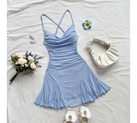 Robe mini avec bretelles fines pour femmes, col drapé, dos nu, nœud papillon, queue de poisson, style sexy, robe mini, pause thé, promenade, romantique, rendez-vous, tenue de plage, filet, jeune, de s