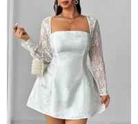 Robe mini blanche élégante d'été pour femmes, tissu texturé rose, empiècement en dentelle, silhouette évasée en A soyeuse, parfaite pour la Saint-Valentin ou en tant qu'invitée de mariage 0XL,1XL,2XL,
