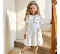 Robe mini blanche élégante et minimaliste pour filles, col rond, manches raglan longues, taille haute, en tissu côtelé de couleur unie avec un design floral 3D. Robe de retour à l'école avec décoratio
