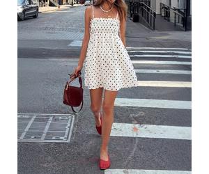 Robe mini bohème décontractée à pois vintage, taille élastique froncée avec volants, bretelles spaghetti. Peut être portée de multiples façons comme une jupe L,M,S,XSGéométriqueTissu tissé
