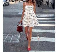 Robe mini bohème vintage à pois avec taille élastique froncée, volants et bretelles spaghetti. Peut être portée de différentes manières. Blanc, style vacances d'été L,M,S,XSImprimés aléatoiresTissu ti