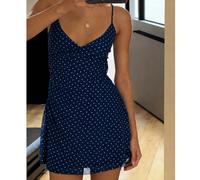 Robe mini camisole à pois avec doublure en maille, col en V, bretelles spaghetti, nœud à la taille, dos nu, jupe ultra-courte élégante pour la rentrée scolaire et l'été L,M,S,XS,XXSPoisTissu tricoté