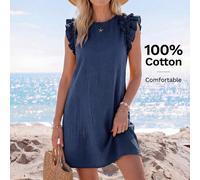 Robe mini de couleur unie tissée de vacances avec volants décorés et bretelles intégrées pour femmes L,M,S,XL,XS,XXL,XXS,XXXL,XXXXLTissu tissé