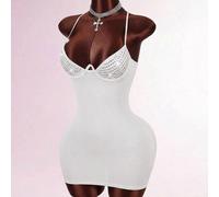 Robe mini de soirée moulante blanche d'été pour femmes, style techno club rave, avec décoration de strass, dos nu et bretelles croisées, bustier élégant sans manches avec soutien-gorge intégré L,M,S,X