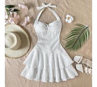 Robe mini de vacances pour préadolescentes avec buste froncé élastique, col noué, nœud papillon et volants superposés. Peut être portée à l'intérieur ou à l'extérieur. Robes d'été, robe blanche unie 7