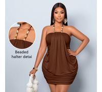 Robe mini d'été Y2K élégante et sexy pour femmes grandes tailles, drapée, sans bretelles, avec col licou et ornements perlés - Idéale pour les vacances sur les îles, les rendez-vous, les lunes de miel