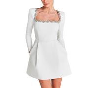 Robe mini élégante à col carré pour femme col en U manches longues capsule perceuse petit parfum poulet robe trapèze robes d'affaires décontractées et formelles (Blanc,M)