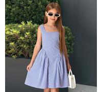 Robe mini élégante à épaules dénudées, à rayures, avec nœud décoratif, style européen et américain décontracté pour jeune fille. Robe rayée bleue gracieuse pour les vacances pour les filles 8Y,9Y,10Y,