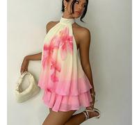 Robe mini élégante en mousseline de soie jaune beurre avec lien à la nuque pour femmes, robe de soirée, robe de sortie, robe d'été pour femmes, tenue de lune de miel, robe de témoin de mariage pour fe