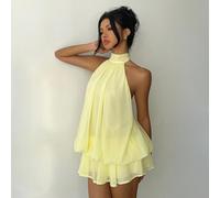 Robe mini élégante en mousseline de soie jaune beurre avec lien à la nuque pour femmes, robe de soirée, robe de sortie, robes d'été pour femmes, tenues de lune de miel, robe de témoin de mariage pour 