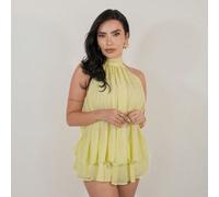 Robe mini élégante en mousseline de soie jaune beurre avec lien à la nuque pour femmes, robe de soirée, robe de sortie, robes d'été pour femmes, tenues de lune de miel, robe de témoin de mariage pour 