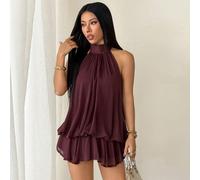 Robe mini élégante en mousseline de soie texturée marron avec lien à la nuque pour femmes, robe de soirée, robe de sortie, robes d'été pour femmes, tenues de lune de miel, robe de témoin de mariage po