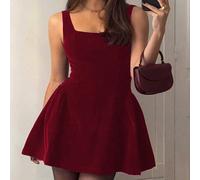 Robe mini élégante et romantique à dos nu, taille cintrée en velours vintage. Parfaite pour un rendez-vous, une soirée de Noël ou l'automne/hiver. Couleur rouge d'été. L,M,S,XL,XSUnicoloreTissu tissé