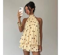 Robe mini élégante pour femmes en mousseline de soie à pois marron et blanc, robe d'été chic et élégante pour tea party, mariage, soirée, robe de soleil avec lien autour du cou L,M,S,XS,XXSGéométrique