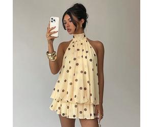 Robe mini élégante pour femmes en mousseline de soie à pois marron et blanc, robe d'été chic et élégante pour tea party, mariage, soirée, robe de soleil avec lien autour du cou L,M,S,XS,XXSGéométrique