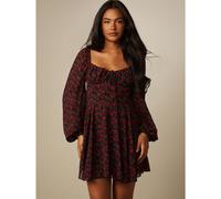 Robe mini en mousseline à imprimé floral rose, col carré, manches longues bouffantes, coupe évasée, taille empire, nœud devant, style babydoll, robe de soirée L,M,S,XL,XS,XXL,XXS,XXXL,XXXXLFruits & lé