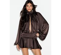 Robe mini en satin à col montant avec manches chauve-souris longues, taille froncée et découpe en trou de serrure à l'avant, tenue de soirée pour fête de vacances L,M,S,XL,XS,XXL,XXS,XXXL,XXXXLTie dye