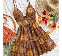Robe mini évasée décontractée pour femme, style vacances, motif paisley noix de cajou et dieu du soleil doré, col en V, dos nu ajouré, adaptée à l'été et aux vacances L,M,S,XL,XSPlantes,Tout ImpriméTi
