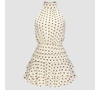 Robe mini femme en satin rose et mousseline de soie, col ras-du-cou, dos nu. Jupe courte évasée à taille exposée avec double volant. Tenue élégante d'été convenant pour concert, fête, rendez-vous roma