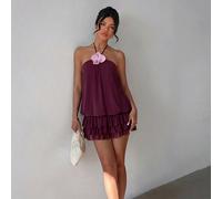 Robe mini femme nouvelle saison printemps/été, violet, maille, taille basse, super courte, sexy, fleurs 3D, dos nu, volants à l'ourlet. Élégante et à la mode, convient pour le trajet quotidien, les fê