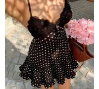 Robe mini femme printemps/été, style pur désir, élégante, en maille, col licou à nouer, bonnets avec empiècement en dentelle à pois, coupe trapèze, volants et fronces L,M,S,XL,XSTout Imprimé,Imprimés