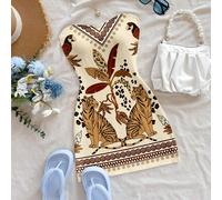 Robe mini femme style décontracté de vacances avec motif rétro combinant fond abricot, perroquet, tigre, palmier et formes géométriques. Convient pour les vacances de printemps/été L,M,S,XSAnimal,Impr