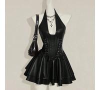 Robe mini gothique Y2K pour femmes, style goth, avec dos nu, laçage, en PU, style de rue gothique, pour sortie, concert, club, fête, festival, rave. Couleur bordeaux, coupe ras-du-cou, sexy, mode Gyar