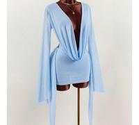 Robe mini moulante à col drapé décolleté, manches évasées, dans des tons terre cuits, pour une tenue romantique en vacances L,M,S,XS,XXSUnicoloreTissu en tulle