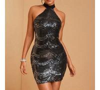 Robe mini moulante à col ras-du-cou avec sequins ondulés. Robe de soirée élégante et de luxe pour femmes SHEIN X JIAN LASALA SHEIN X favorise la créativité en offrant aux créateurs de mode, aux artist