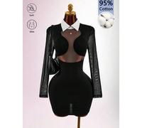 Robe mini moulante pour femme style Y2K, noire et blanche, contrastée, avec découpes asymétriques, patchwork en maille semi-transparente, col chemise, taille cintrée et manches longues L,M,S,XSUnicolo