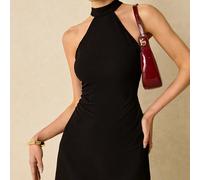 Robe mini noire à col licou en mélange de coton doux et extensible pour femmes avec lien dans le dos, pièce élégante indispensable pour la rue, les fêtes & les occasions formelles, tenue quotidienne p