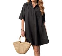 Robe Mini Oversize à Manches Courtes pour Femme, idéale pour l'été, Le Bureau ou la Plage. Légère et Ample, Elle possède des Poches et est Disponible en Noir en Grande Taille.