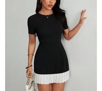 Robe mini polyvalente à col rond, ourlet à volants en matériaux mixtes, robe cocktail pour femme, robe courte pour femme, robe noire, tenue décontractée chic pour femme Petite XXS,Petite XS,Petite S,P