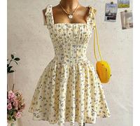 Robe mini princesse en ligne A à nouer douce et mignonne, style bohème, romantique à fleurs, pour vacances, fête, rendez-vous, Saint-Valentin, Pâques, carnaval, thé de l'après-midi, plage, croisière, 
