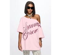 Robe mini pull oversize à épaules dénudées avec impression cursive Forever Summer sur le devant L,M,S,XL,XS,XXL,XXS,XXXL,XXXXLLettres,TribalTissu tricoté