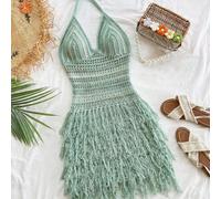 Robe mini rétro pour femme à col ras-du-cou en V avec ourlet à franges, adaptée pour croisière, plage, rendez-vous, thé de l'après-midi, soirée, cache-maillot en crochet vert sauge à pampilles L,M,S,X