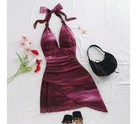 Robe mini romantique pour femmes en été, avec un col en v, lacets, maille froncée et ourlet asymétrique, dans un style vintage sensuel ombré 0XL,1XL,2XL,3XL,4XLUnicoloreTissu en tulle