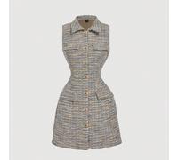 Robe mini sans manches à col à imprimé pied-de-poule pour femmes, robe boutonnée, robe blazer, retour à l'école, tenue décontractée chic, vêtements occidentaux pour femmes, robe d'été L,M,S,XL,XS,XXL,