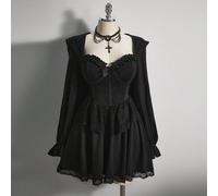 Robe mini sexy à capuche et manches lanternes noire, convient pour les fêtes d'Halloween, les costumes d'Halloween, les sorcières 0XL,1XL,2XL,3XL,4XL,5XLTissu tricoté