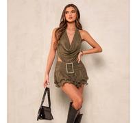 Robe mini sexy dos nu drapée avec décoration en métal ajourée, volants doubles à l'ourlet, col bénitier et dentelle. Tenue de concert pour femme, tenues de plage pour femme, robes pour le printemps L,