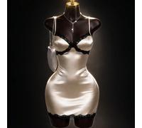 Robe mini sexy et élégante pour femme, collection printemps-été, robe blocs de couleurs à bordure en dentelle, robe nuisette en satin, robe moulante ultra courte à bretelles spaghetti ajustables. L,M,