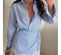 Robe mini tissée à rayures bleues avec ourlet en dentelle contrastée pour femmes, robe mini portefeuille à manches longues pour le printemps, l'été, l'automne, l'hiver, décontractée, vacances à la pla