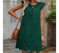 Robe mini tissée avec bordure florale brodée et manches volantées (broderie aléatoire) Tenues de vacances et de plage pour femmes L,M,S,XLPlantesTissu tissé