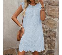 Robe mini tissée avec garniture florale brodée et manches volantées (broderie aléatoire) Tenues de plage de vacances pour femmes L,M,S,XLUnicoloreTissu tissé
