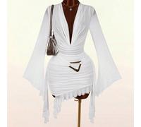 Robe mini verte ajustée à manches longues et sans manches en maille, avec design volant et col montant, convient pour les occasions de fête en automne/hiver, Nouvel An, Noël, Halloween, Saint-Valentin