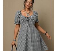 Robe mini vintage à col carré rayée blanc et marron, manches bouffantes, taille cintrée, design de buste plissé, style romantique de vacances, robe trapèze polyvalente pour le début du printemps et l'