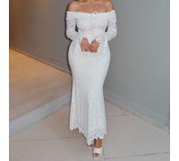 Robe moulante à épaules dénudées, manches longues et nœud devant pour femmes, robe pour le Nouvel An, robe de fête du Nouvel An, robe pour la Saint-Valentin, robe de garden-party, robe blanche de remi