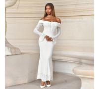 Robe moulante à épaules dénudées, manches longues et nœud devant pour femmes, robe pour le Nouvel An, robe de fête du Nouvel An, robe pour la Saint-Valentin, robe de garden-party, robe blanche de remi